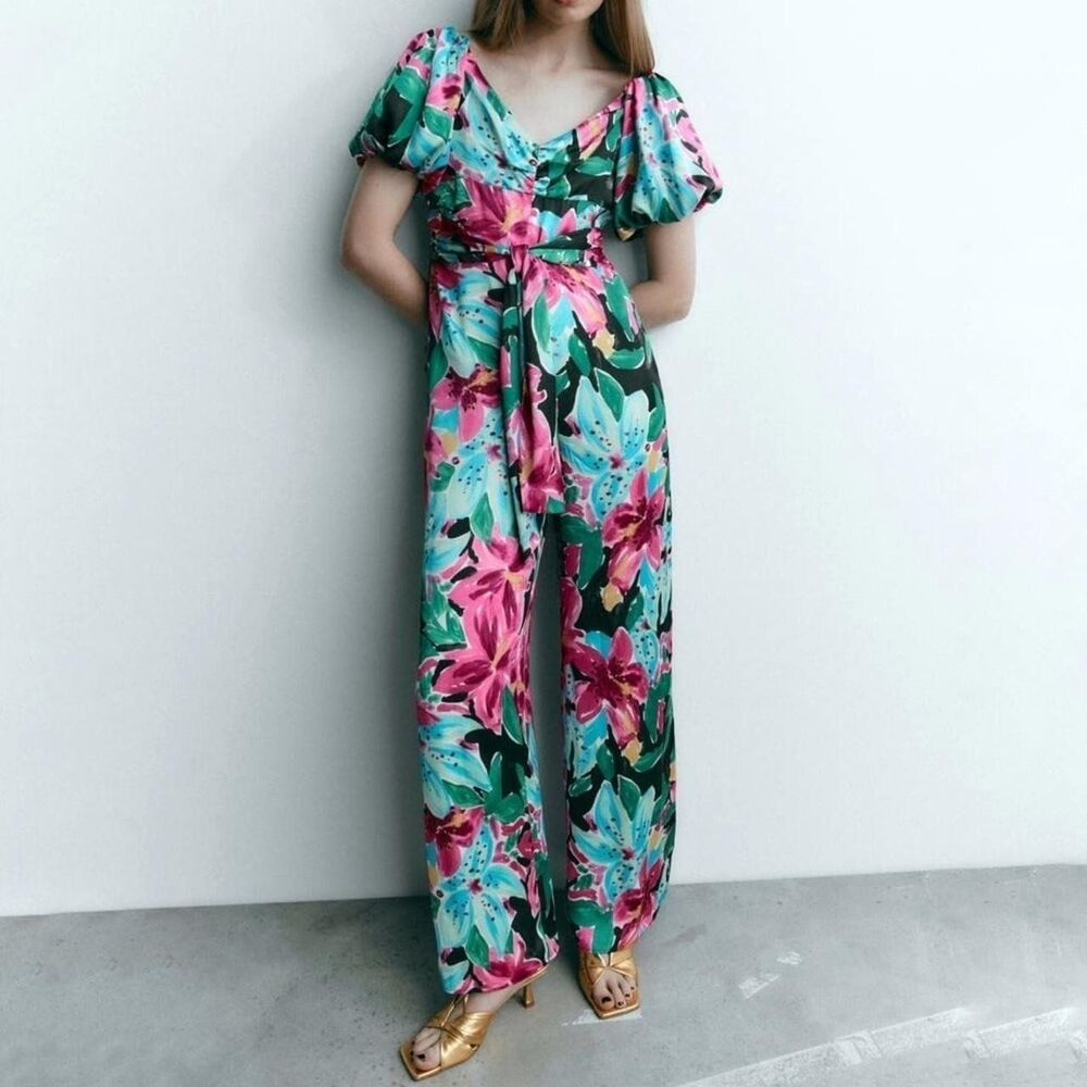 Zara Floral Puff Sleeve Wide Leg Jumpsuit Pink Teal Tropical XS